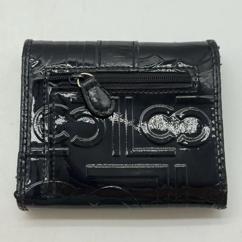 Liz Claiborne Black Patent Leather Trifold Logo Wallet ID CC Cash Coin Organizer